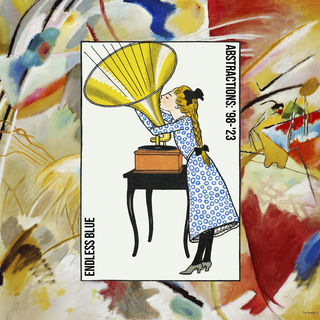 A stylized blonde girl in a white and blue dress kissing a phonograph over an abstract painting
