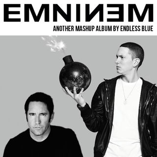 Marshall Mathers stands next to Trent Reznor holding an oversized lit bomb.