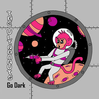 A pink space monkey brandishing a ray gun and preventing aliens from attacking.