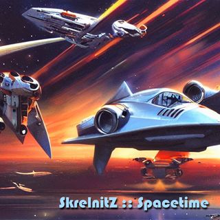 Starship flying in a starfield.